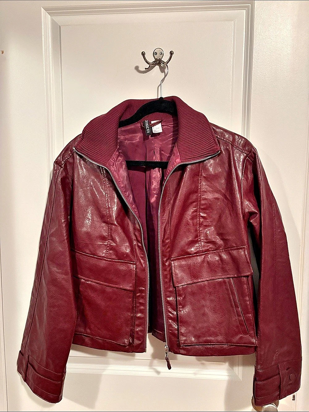 H&M Divided Faux Leather Bomber Jacket Burgundy Size Small